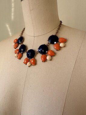 Navy Blue & Coral Statement Necklace | Faceted Gem Bib Necklace | 16" Adjustable